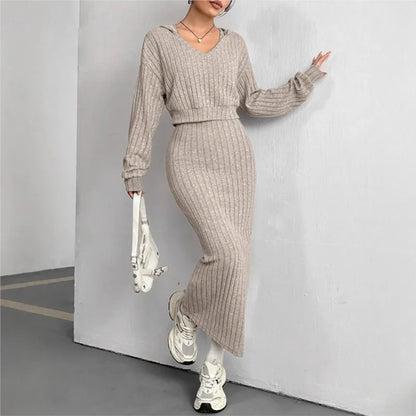 Women's New Fashion Suit Fall Winter Hooded Shawl Long-sleeve Sweatshirt Vest Short Skirt Slim Two-piece Set Suit Women Clothing