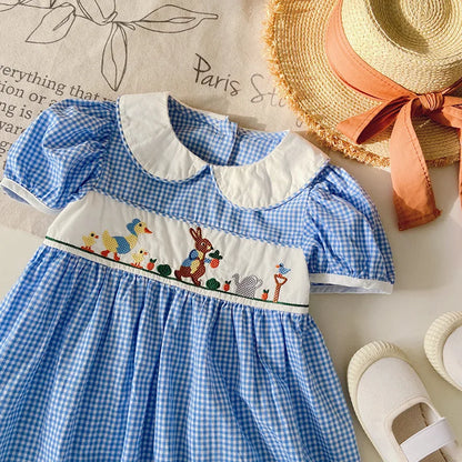 Summer Animal Embroidery Plaid Girl's Dress Lace Edge Doll Lapel Bubble Sleeve Children'S Dress Cute Plaid Baby Kids Clothing