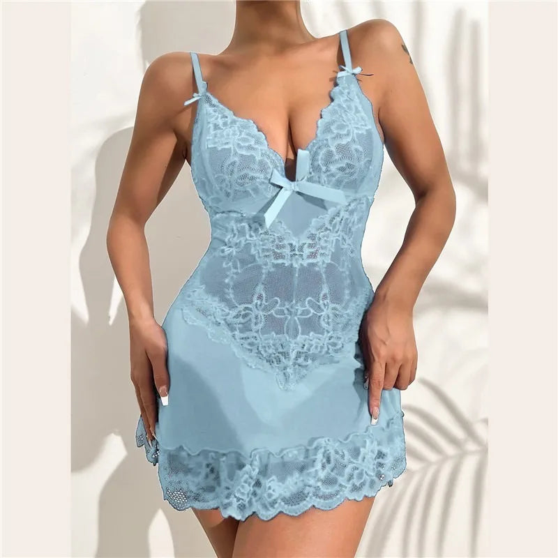 Ladies Lace Sexy Sling Nightdress Women Lace Nightdress Casual V-Neck Spaghetti Strap Sleep Dress Women's Sleepwear Dresses Light blue