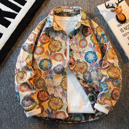 Men's Clothes American Vintage Oil Painting Shirt Embroidered Flower Men's Long Sleeved Shirt Men Shirts Art Student Casual Coat 3