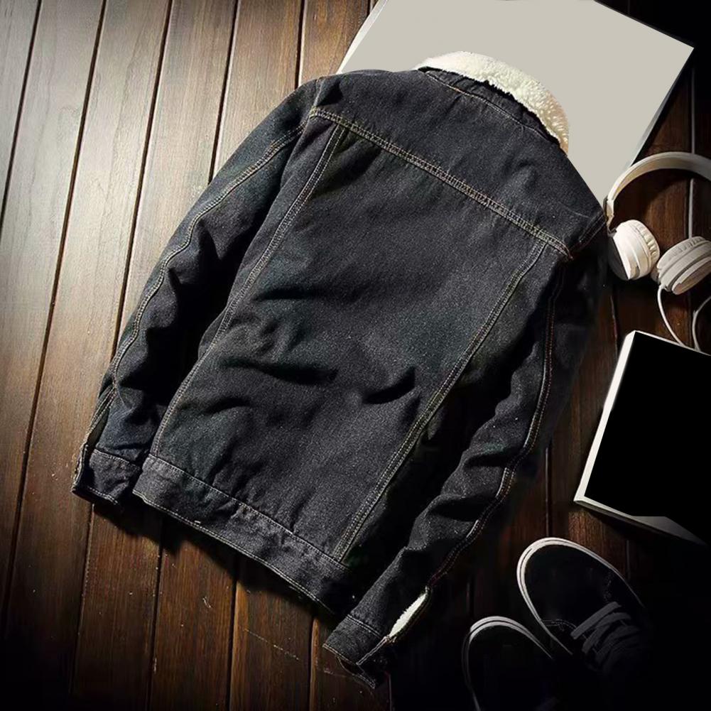 Men Jean Jacket Thicken Lamb Cashmere Lining Solid Color Coldproof Outerwear Winter Single Breasted Denim Coat Streetwear