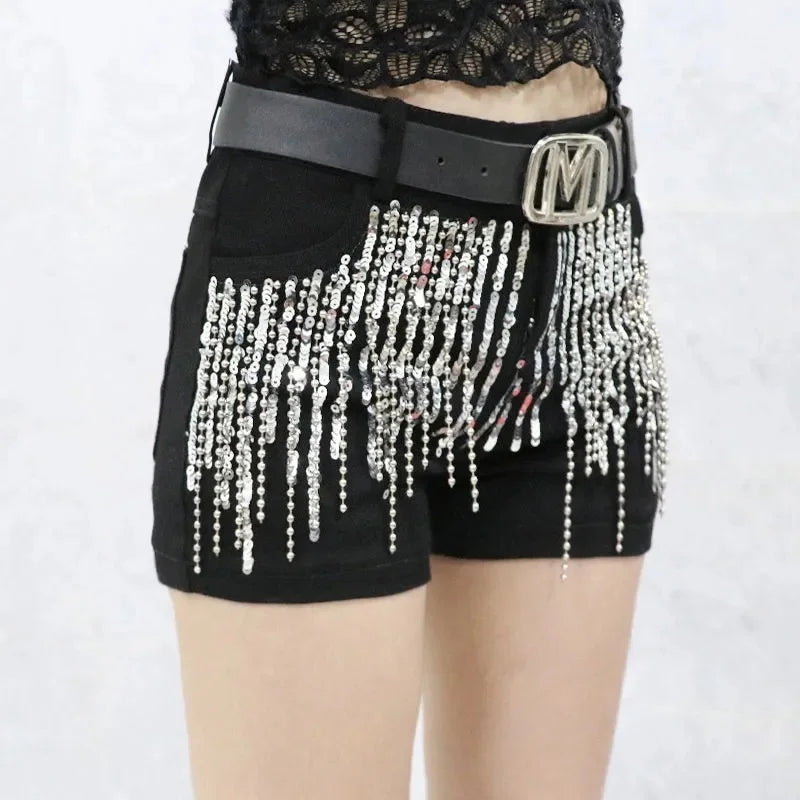 Black Sequins tassels Denim Shorts Women's Streetwear 2023 Summer New Korean Slim Chain Trend Hot Pants White Casual Short Jeans