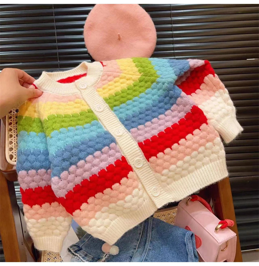 Rainbow Striped Knitted Cardigans for Kids Baby Girls Autumn Winter Long Sleeve Single-breasted Sweater Coats Children Clothes