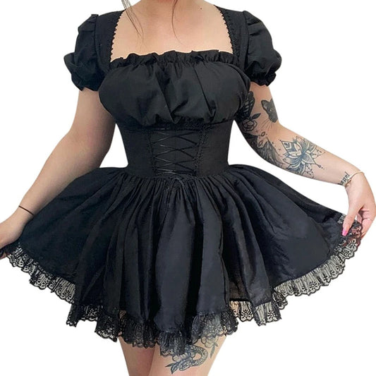 Women’s Sweet Puff Sleeve A-line Dress Summer Fairycore Lolita Solid Color Bandage Lace Trim Short Dresses for Halloween Party