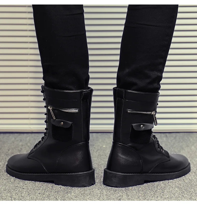 Men Boots Increasd Ankle Boots Metal Side Zipper Men's Boots British Male Motorcycle Boots Quality Mid-Carf Cotton Winter Shoes