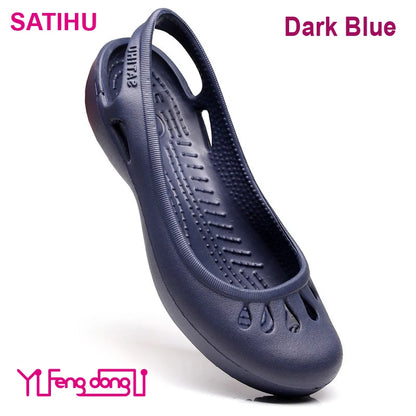 Lovely Satihu Summer New Lightweight Anti Slip Hole Shoes Clog For Women's Flat Bottom Sandals Nurse Outdoor Beach Jelly Dark Blue