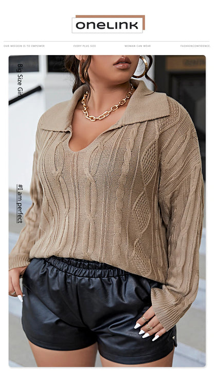 ONELINK Solid Khaki Cable Pattern Big Cowl Neck Plus Size Sweater Long Sleeve Inmitation WS Cashmere Soft Daily Outfit For Woman