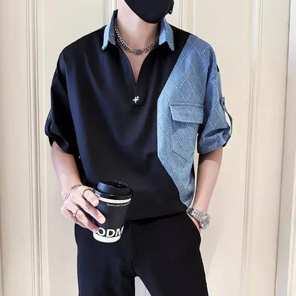 Fashion Lapel Spliced Pockets Denim Casual Shirts Men's Clothing 2024 Summer New Loose Korean Pullovers Tops Young Style Shirts