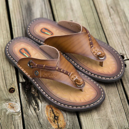 2023 Summer Handmade Leather Slippers Trendy Fashion Men's Flip-flops Outdoor Breathable Comfortable Men and Simple Sandals Khaki