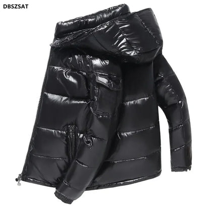 2025  New Winter Bright  Down Jacket  Men Fashion Casual Coat Shiny Hooded Youth Women Thick Warm Glossy Duck Zipper Male White