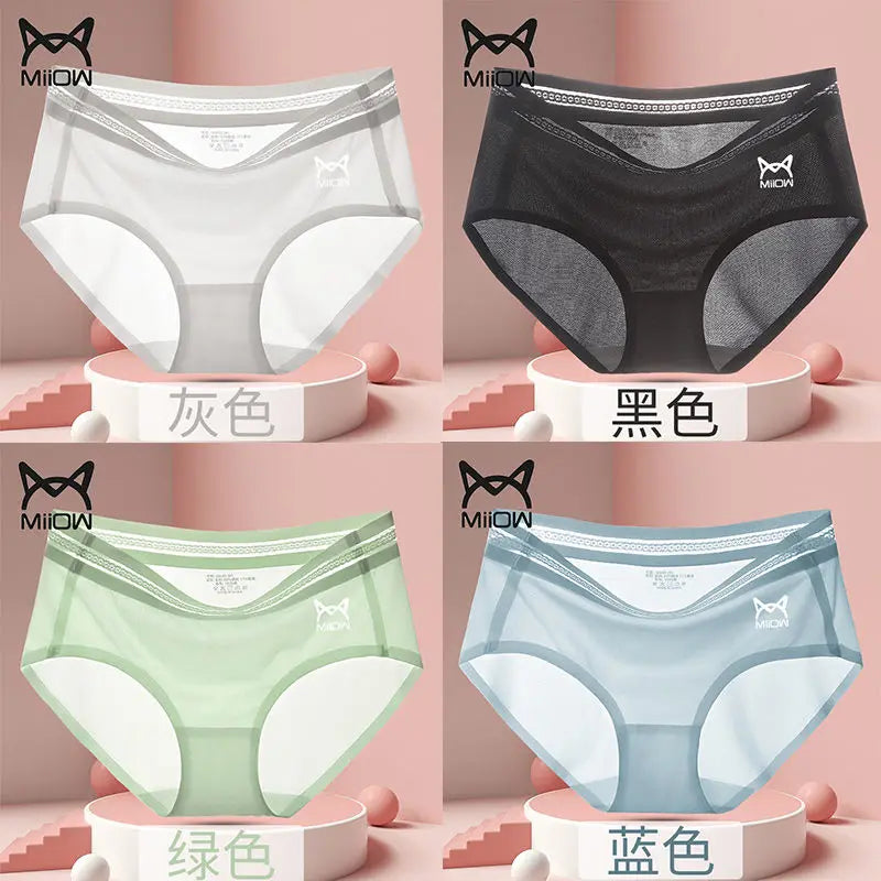 Cat Man 3/4 Ice Silk Women's Underwear Women's Antibacterial Cotton Crotch Adult Traceless Mid rise Silk Slippery New Briefs 4 piecesD 3pcs