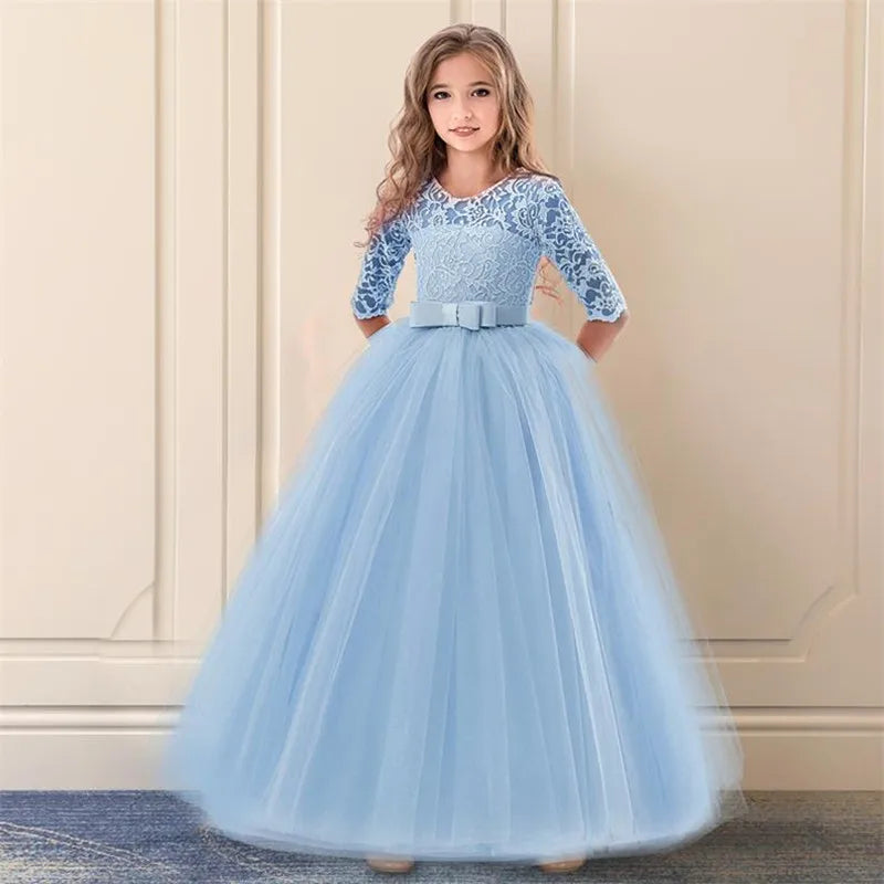 Girls Christmas Dress For Kids Wedding Evening Party Bridesmaid Long Dress Prom Gown Children Teenager New Year Princess Costume blue 04