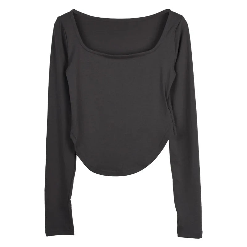 Square Neck Long Sleeve T-Shirt Women Spring Autumn New Irregular Hem Slim Casual Top Winter Solid Bottom Shirts New Korean