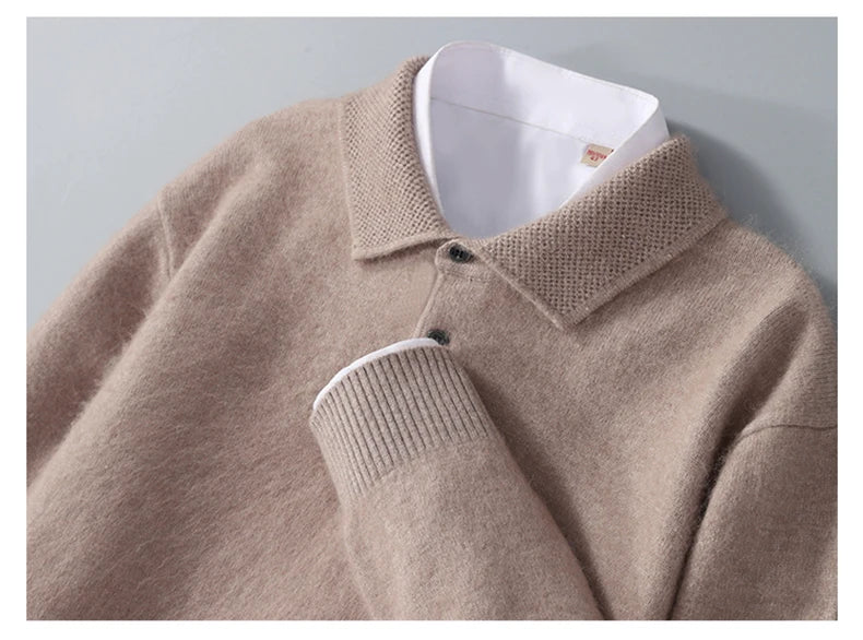 Men's Shirt 100% Mink Cashmere Sweater Casual Business POLO Collar Pullover Autumn Winter Warm Knit Base Shirt Men's Clothing