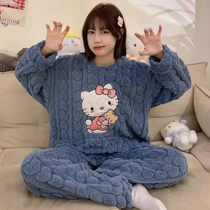 Kawaii Hello Kitty 2Pcs Plush Pajama Set Sanrioed Pochacco Cartoon Anime Winter Women Homewear Winter Thicken Girls Keep Warm