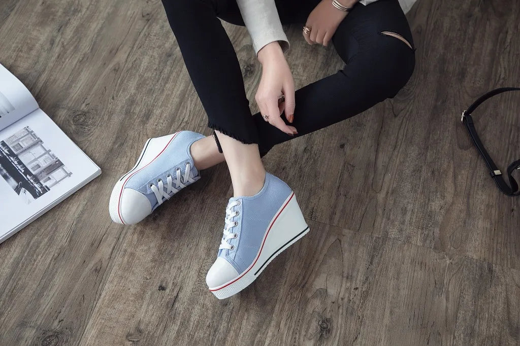 Shoes Women New Woman Wedge Canvas Vulcanize Shoes Platform Breathable Canvas Shoes Casual Students Candy Color Wedge Sneakers