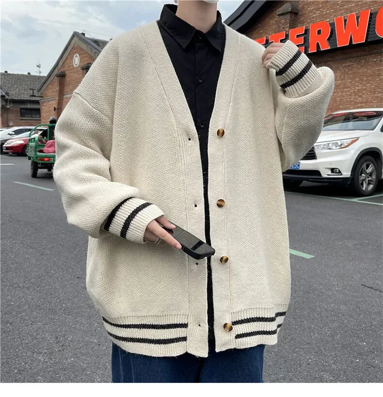 2024 British Retro Cardigan Sweater New Korean Harajuku Academic Knitted Sweater Pullover Hip Hop Streetwear Loose Knitwear Tops