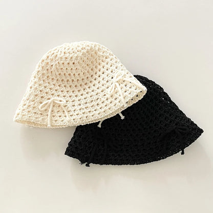 Korean Ins New Cute Bow Hollow Knitted Women's Caps Spring and Summer Sunshade Versatile Show Face Small Sweet Bucket Hat