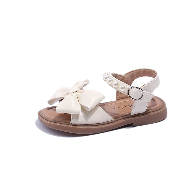 Girls Sandals Children Fashion Flat PU Bow Pearls 2023 Versatile Casual Shoes Breatheable Soft Sweet Princess Kids Shoes Korean