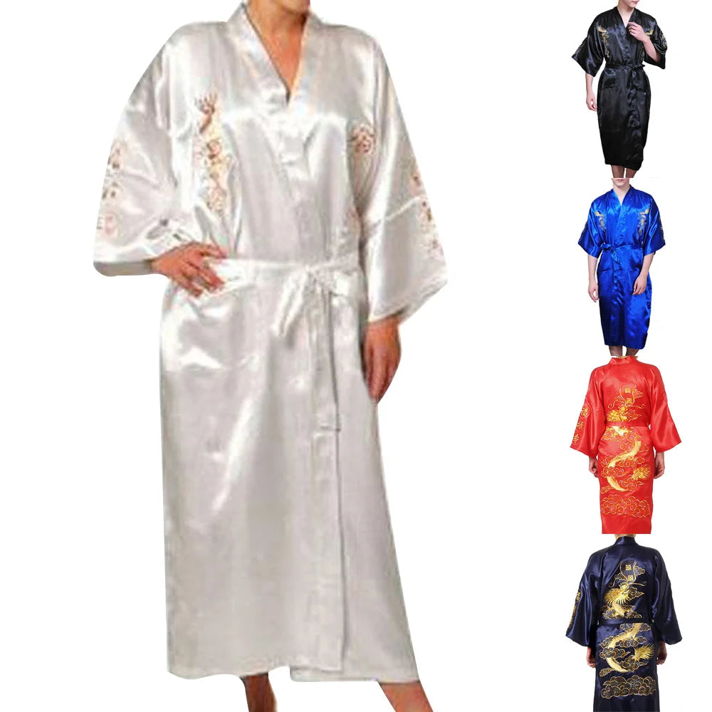 Men's Satin Robes Chinese Style Dragon Embroidery Kimono Silk-like Bathrobe Pajamas Sleepwear Gown Bath Robe