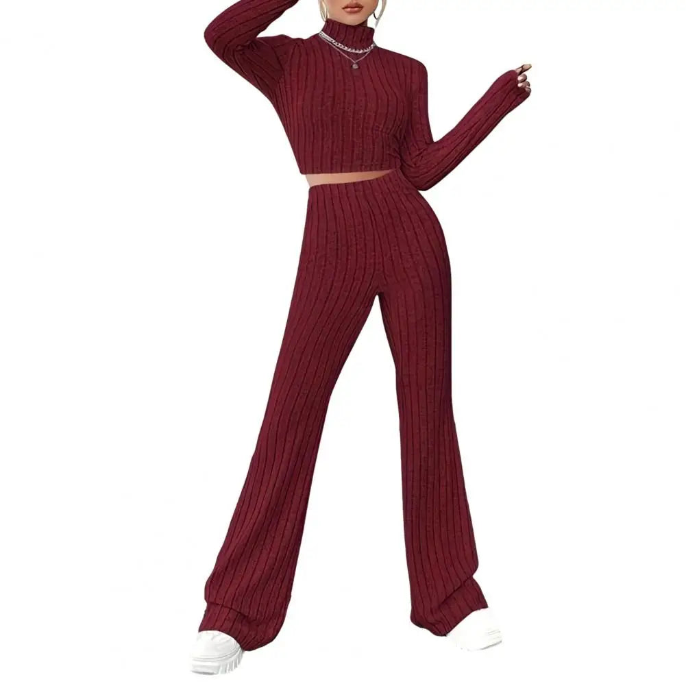 Slim Fit Women Suit Women Knitted Suit Elegant Knitted Winter Outfit Turtleneck Cropped Top High Waist Flared Pants Women's Slim Wine Red China