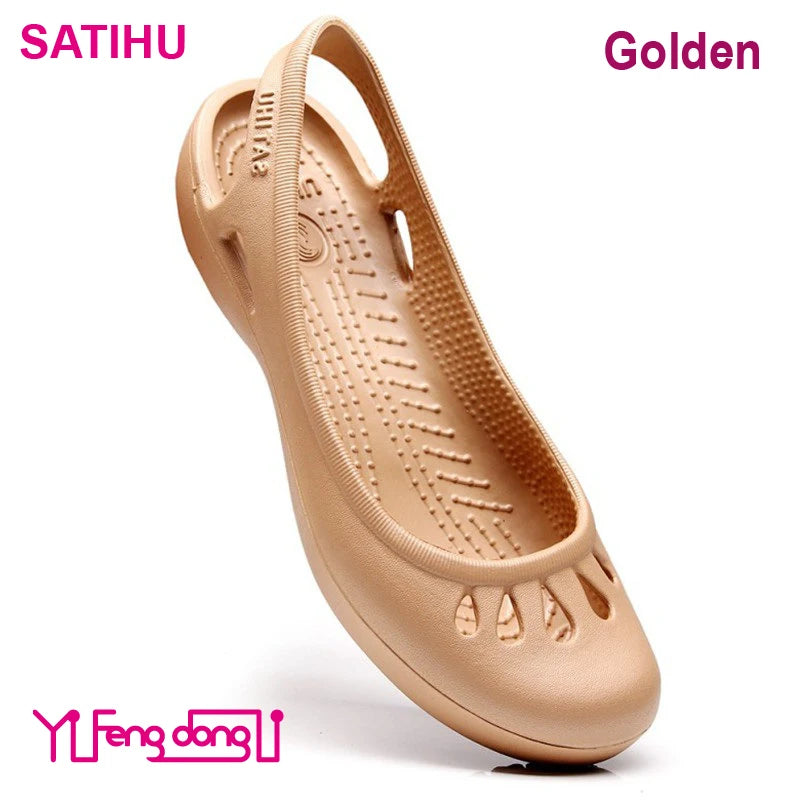 Lovely Satihu Summer New Lightweight Anti Slip Hole Shoes Clog For Women's Flat Bottom Sandals Nurse Outdoor Beach Jelly Golden