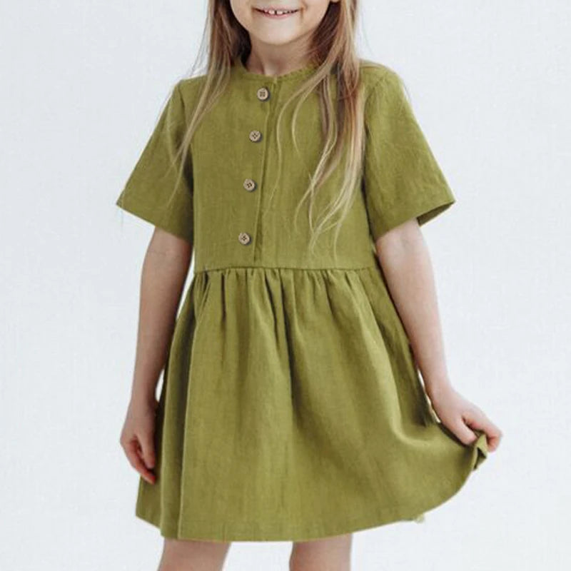 Summer Girl's Ramie Short-Sleeved Dress Vintage New Baby Kids Casual Soft And Breathable Loose Dresses With Buttons