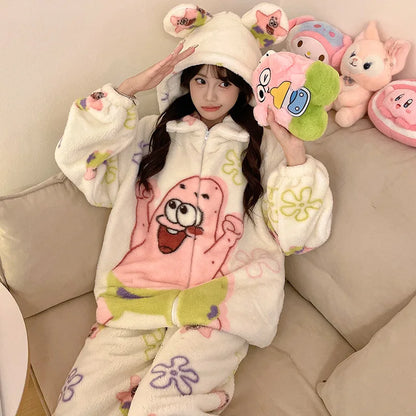 Sanrio Cartoon Hello Kitty Pajamas Female Flannel autumn Winter New Plus Thicken Velvet Sweet Keep Warm Pajamas set leisure wear