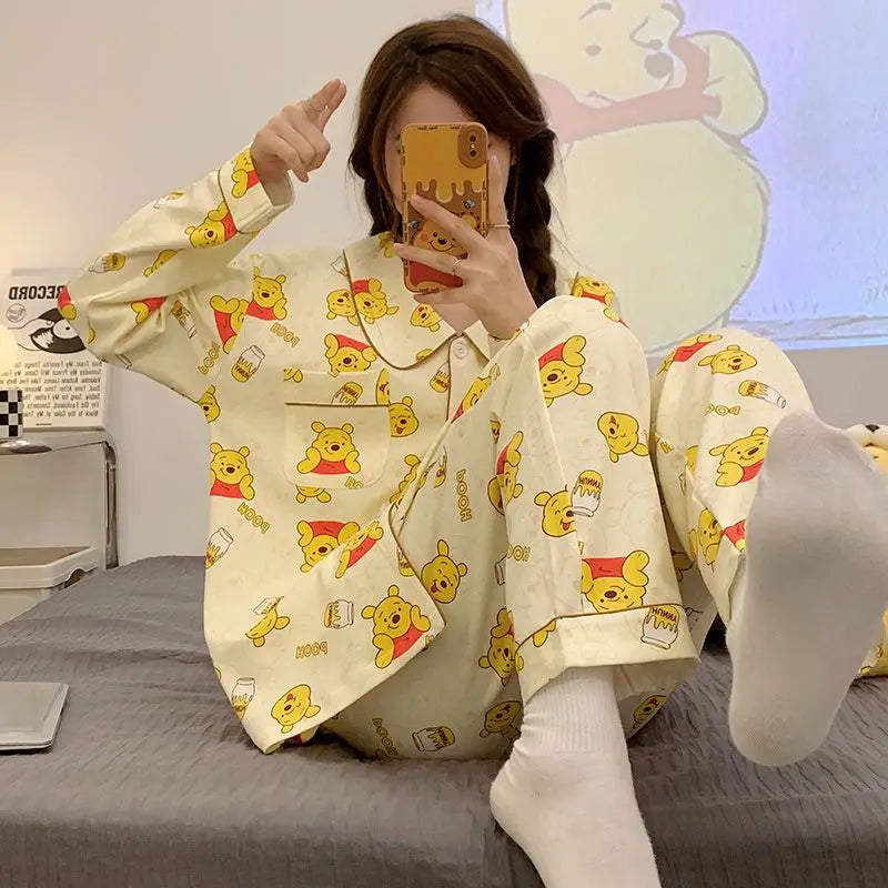 Elegant Winnie The Pooh Bear Cute Pajamas Women Spring Autumn Long Sleeve Sleepwear Fashion Kawaii Loose Cartoon Home Clothes Y2k