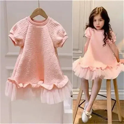 Children's Dress Spring Summer New Girls' Pink Gauze Short Sleeve Princess Dress Girls Clothes Ropa De Niña pink