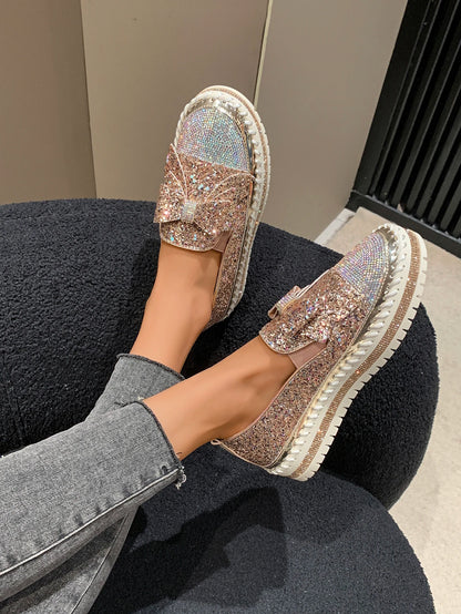 Fashion Women Shoes Shining Rhinestone Loafer Bowknot Slip-on Thick Botton Casual Ladies Crystal Female Platform Sneakers Sports