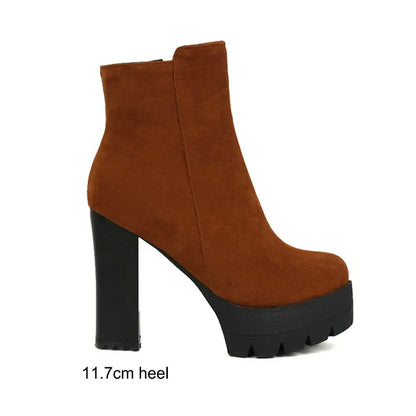 Faux Suede Round Toe High Top Mature Ladies Ankle Boots Platform Block High Heels Zip Up Burgundy Brown Warm Winter Women Shoes