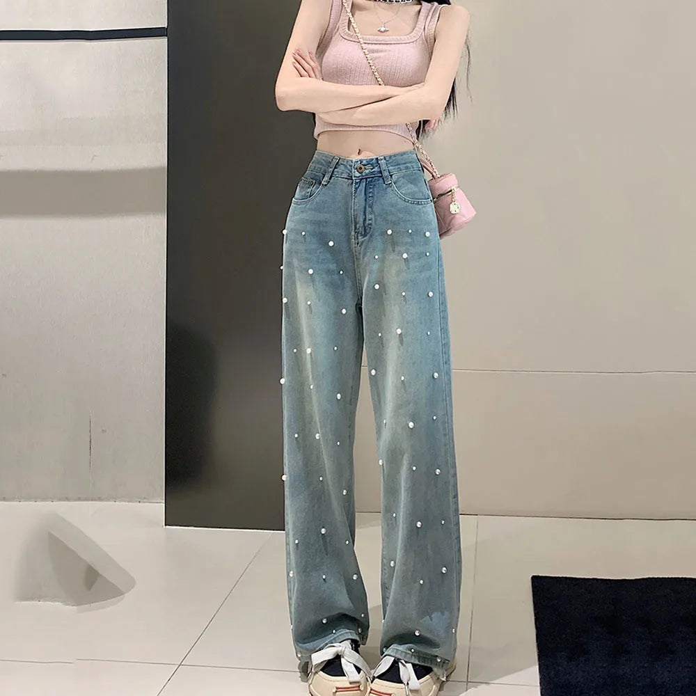 2023 Spring and Summer New Design Sense Pearl Slimming Loose Casual Baggy Jeans Straight-Leg Pants Women's Long Trousers Fashion Blue