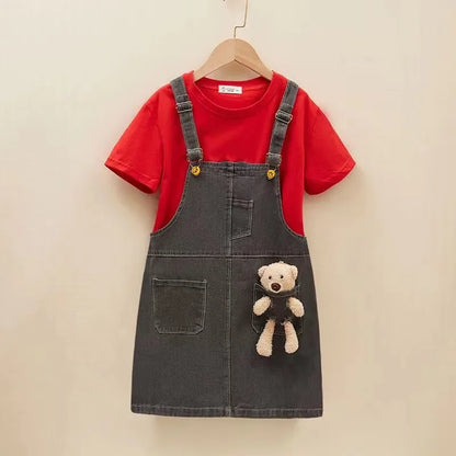 2-8T Summer Sundress Sets Baby Girls Suspender Skirt Girls Dress Kids Straps Denim Dress Children Bear Cartoon Clothing Overalls