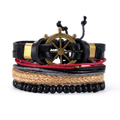 4Pcs/ Set Braided Wrap Leather Bracelets For Men Vintage Life Tree Rudder Charm Wood Beads Ethnic Tribal Wristbands 22