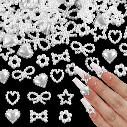 50 Pcs 3D Pearls Nail Charms Heart Star Moon Nail Art Charms Mixed Nail Charms For DIY Manicure Crafts Jewelry Accessories