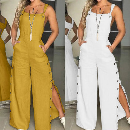 Button Overalls for Women Summer Jumpsuit Solid Casual Openings Button Wide Leg Suspender Pants Overalls with Pockets