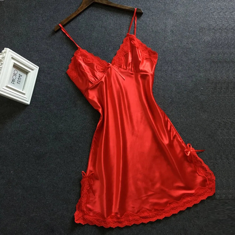 Nightgown Women Gown Sleepdress Sexy Lace Nighty Robe Spaghetti Strap Sleepwear Summer Silk Satin Nightdress Loungewear Side Bow Red CHINA