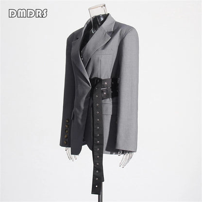 High Street Women's Suit Jacket, Fashionable Belt Notched Jacket for Women, Regular Fit Autumn Outfit