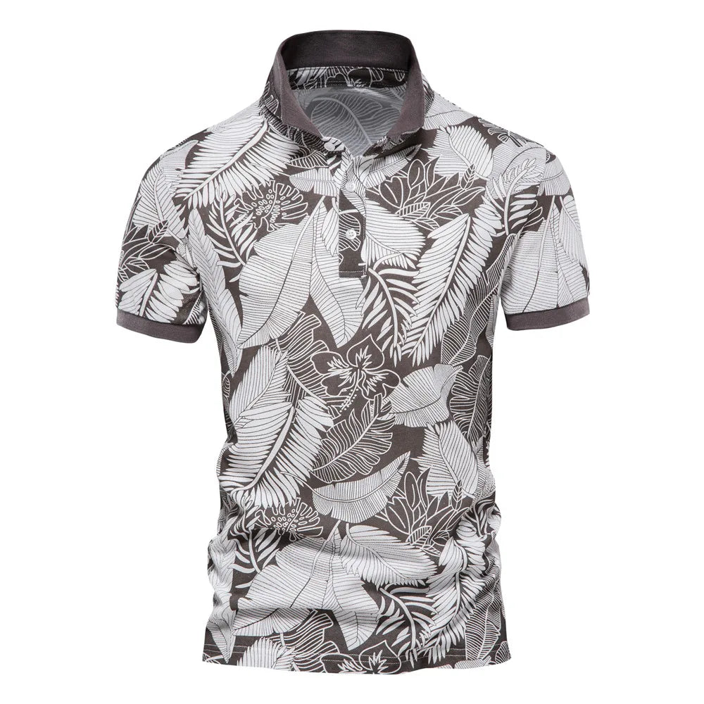 AIOPESON Hawaii Style Polo Shirts for Men 100% Cotton Short Sleeve Quality Leaf Printed Men's Polos T Shirts Summer Men Clothing F2237-Grey