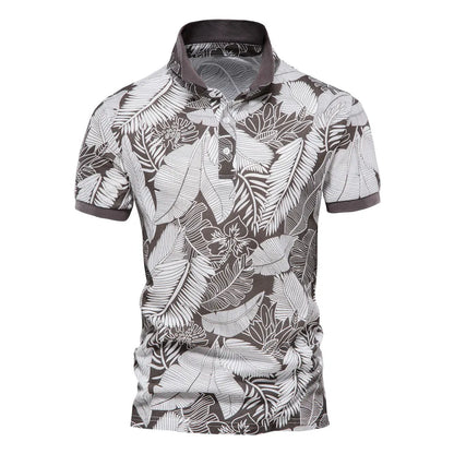 AIOPESON Hawaii Style Polo Shirts for Men 100% Cotton Short Sleeve Quality Leaf Printed Men's Polos T Shirts Summer Men Clothing F2237-Grey