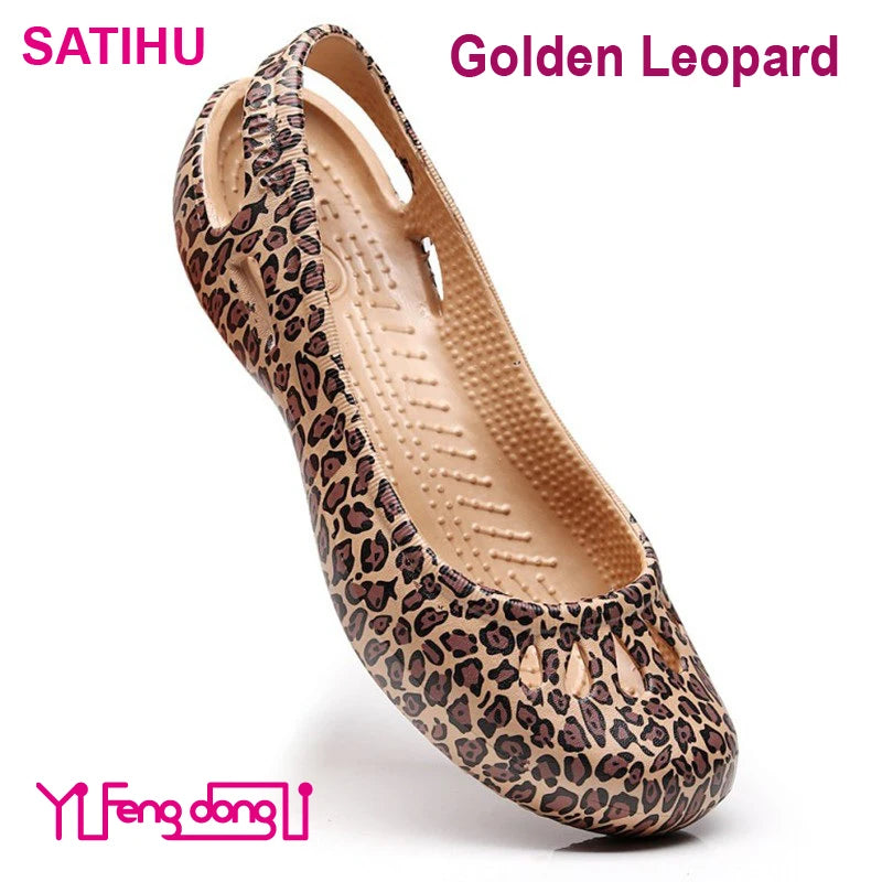 Lovely Satihu Summer New Lightweight Anti Slip Hole Shoes Clog For Women's Flat Bottom Sandals Nurse Outdoor Beach Jelly Golden Leopard