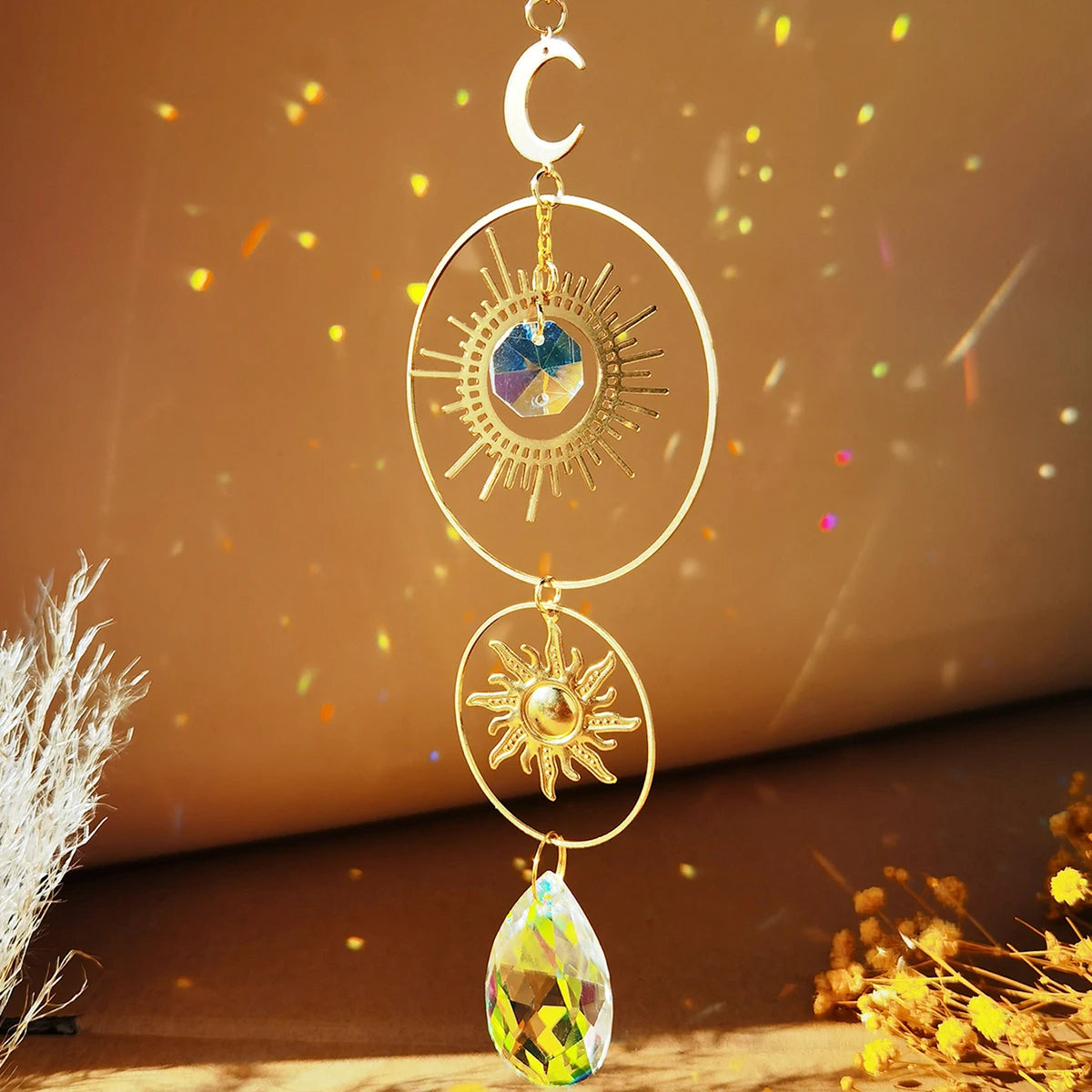 Crystal Wind Chimes Dream Catcher Stained Glass Sun Catcher Prism Rainbow Maker Window Garden Decoration Outdoor Christmas Gift gold M01056