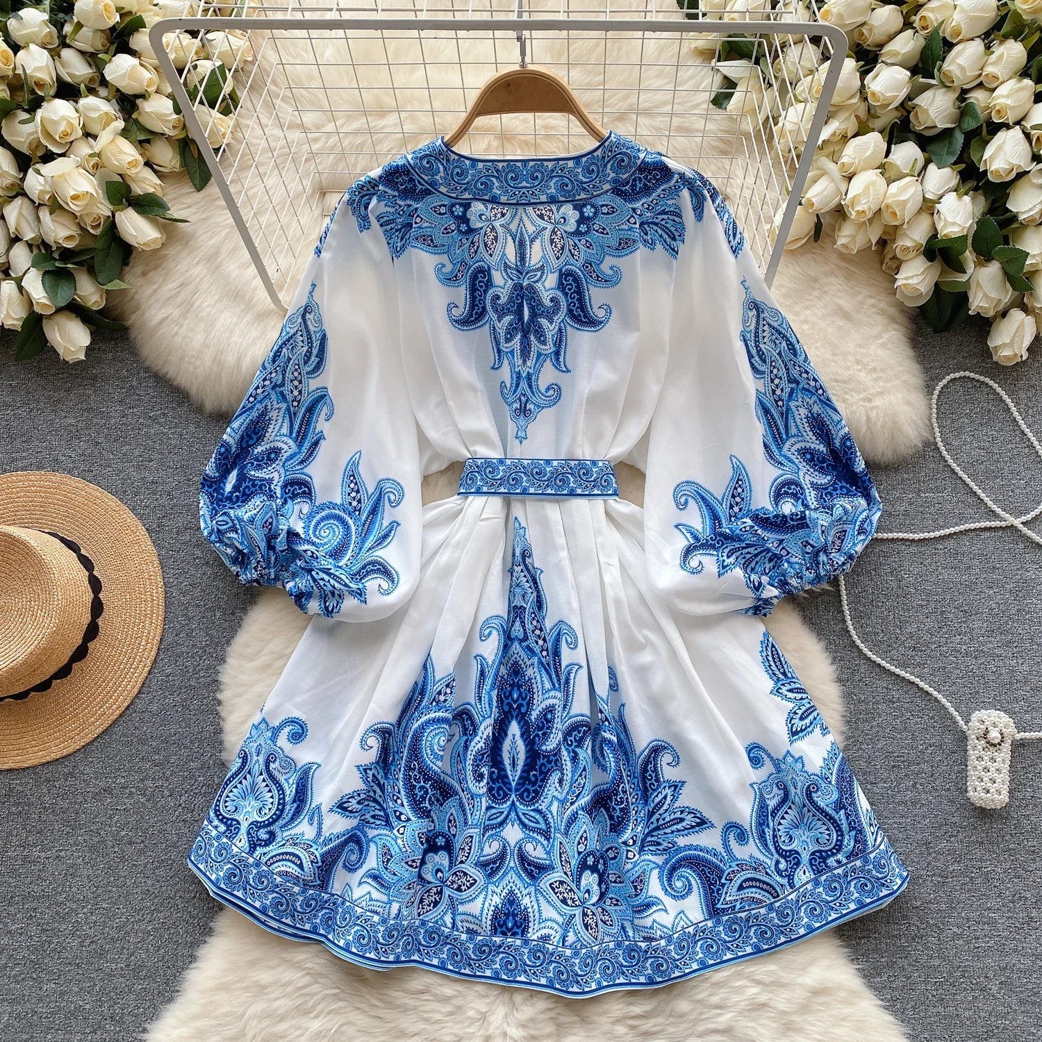 Vintage Print Elegant Puff Sleeve A-line Vneck Mini Dress Casual Women Fashion Autumn Spring Dress