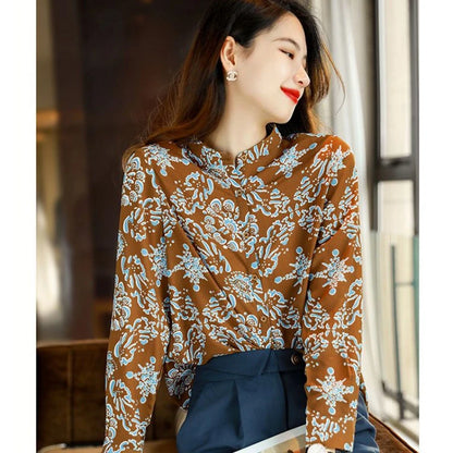 Spring Autumn New Fashion Stand Collar Long Sleeve Printing Blouses Women's Clothing Loose Western Style All-match Trend Shirts