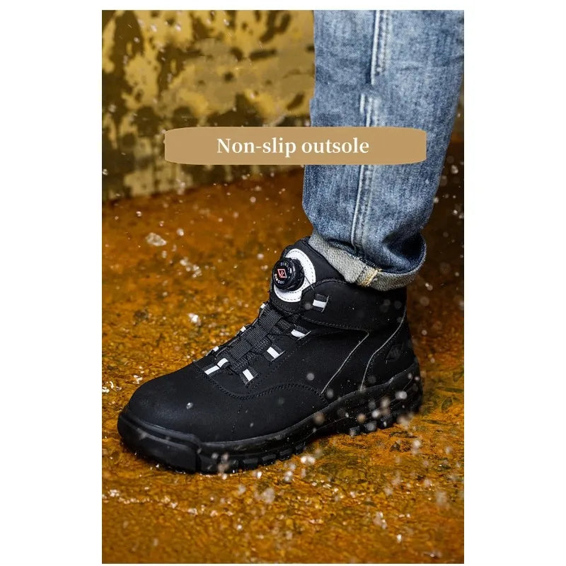 Black Leather Winter Fashion 2023 Rotating Buttons Safety Shoes Men Waterproof Work Boots Men Anti-puncture Protective Footwear