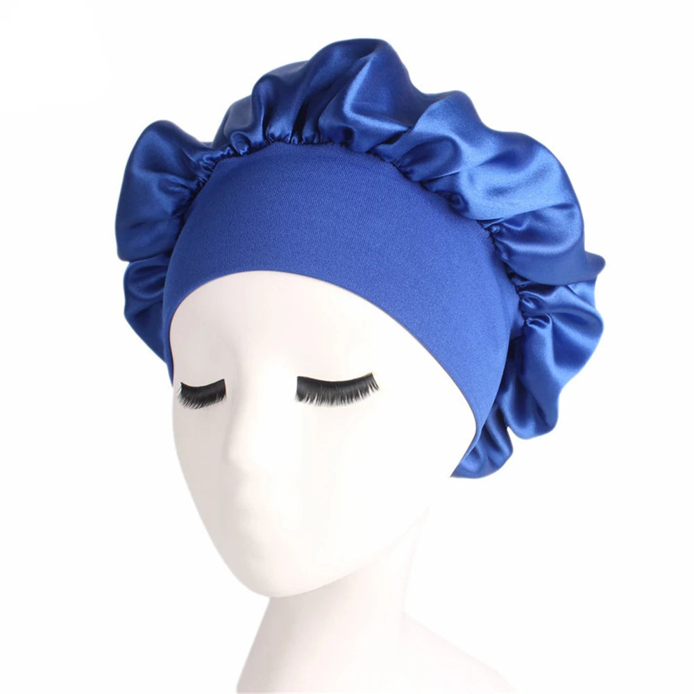 Newly Women's Satin Solid Sleeping Hat Night Hair Care Bonnet Nightcap For Women Men Unisex Cap Dark blue