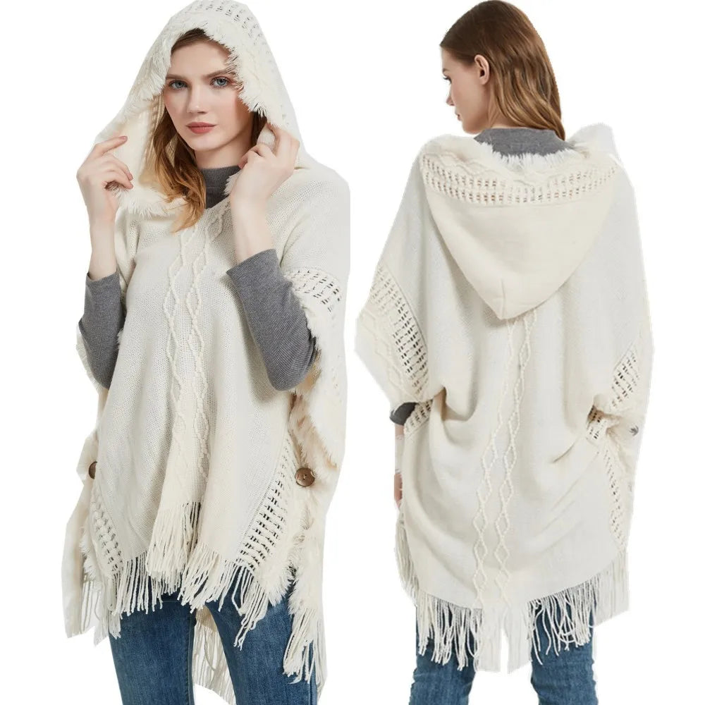 2023 Women's Hooded Shawl Warm Spring and Autumn Large Size Knit Sweater Button Hooded Cape Shawl