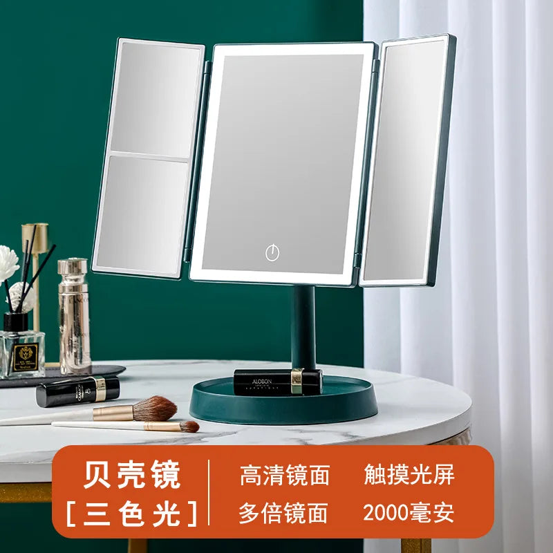 Wireless Foldable Makeup Mirror With LED Light 3 Tone Lights Desktop Vanity Mirror 2X/3X Magnifying 360° Adjustable Rechargeable Green Tricolor light