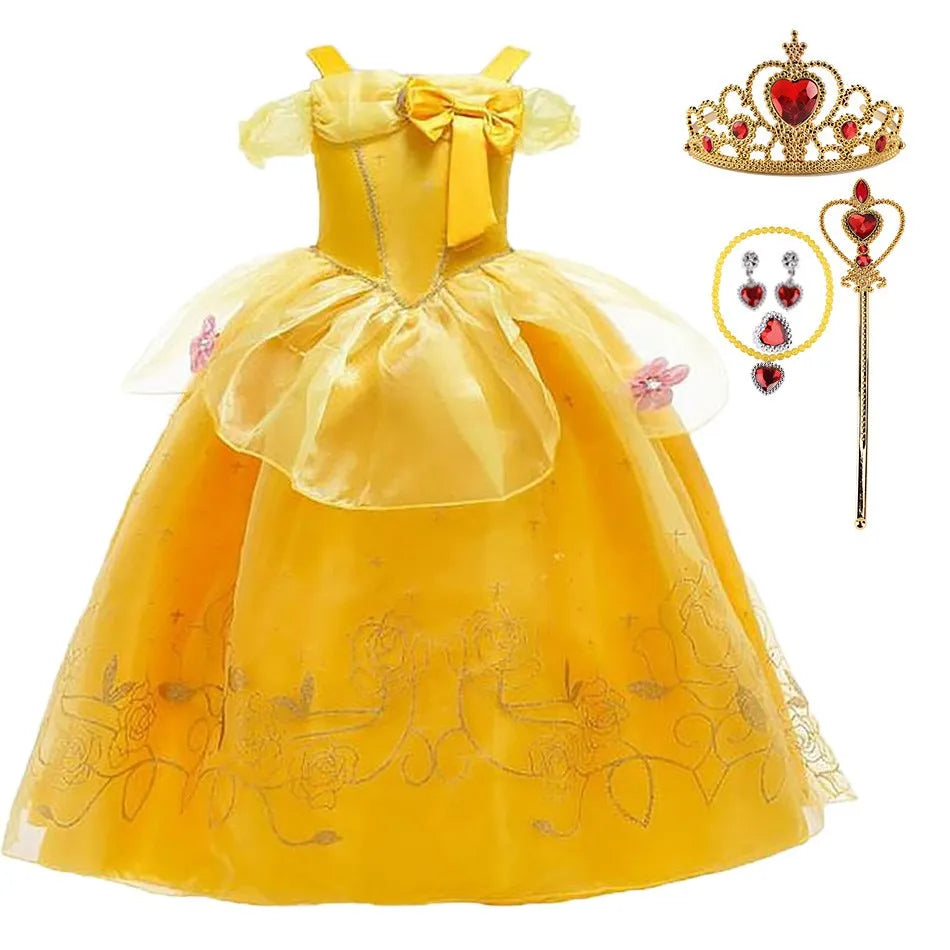 Girls Dress Belle Costume Kids Halloween Carvinal Fancy Cosplay Belle Clothes Children Wedding Party Flower Printing Dress 3-10Y